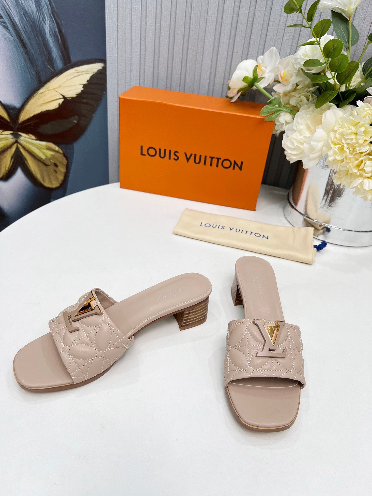 LV 26S MARE HIGH-HEELED MULE SANDALS IN DARK BEIGE CALFSKIN
