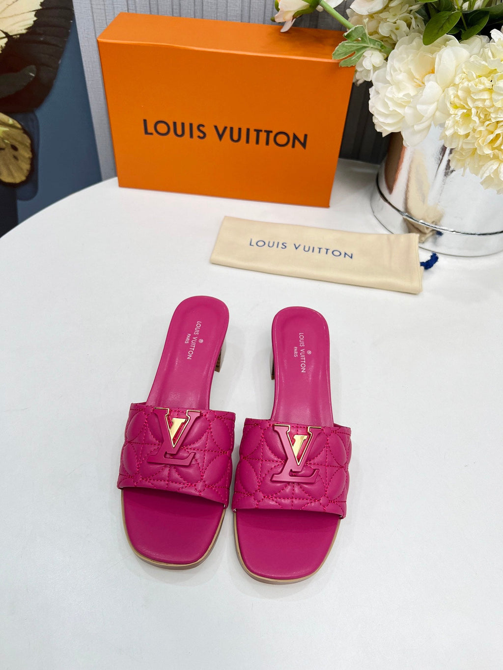 LV 26S MARE HIGH-HEELED MULE SANDALS IN PINK CALFSKIN