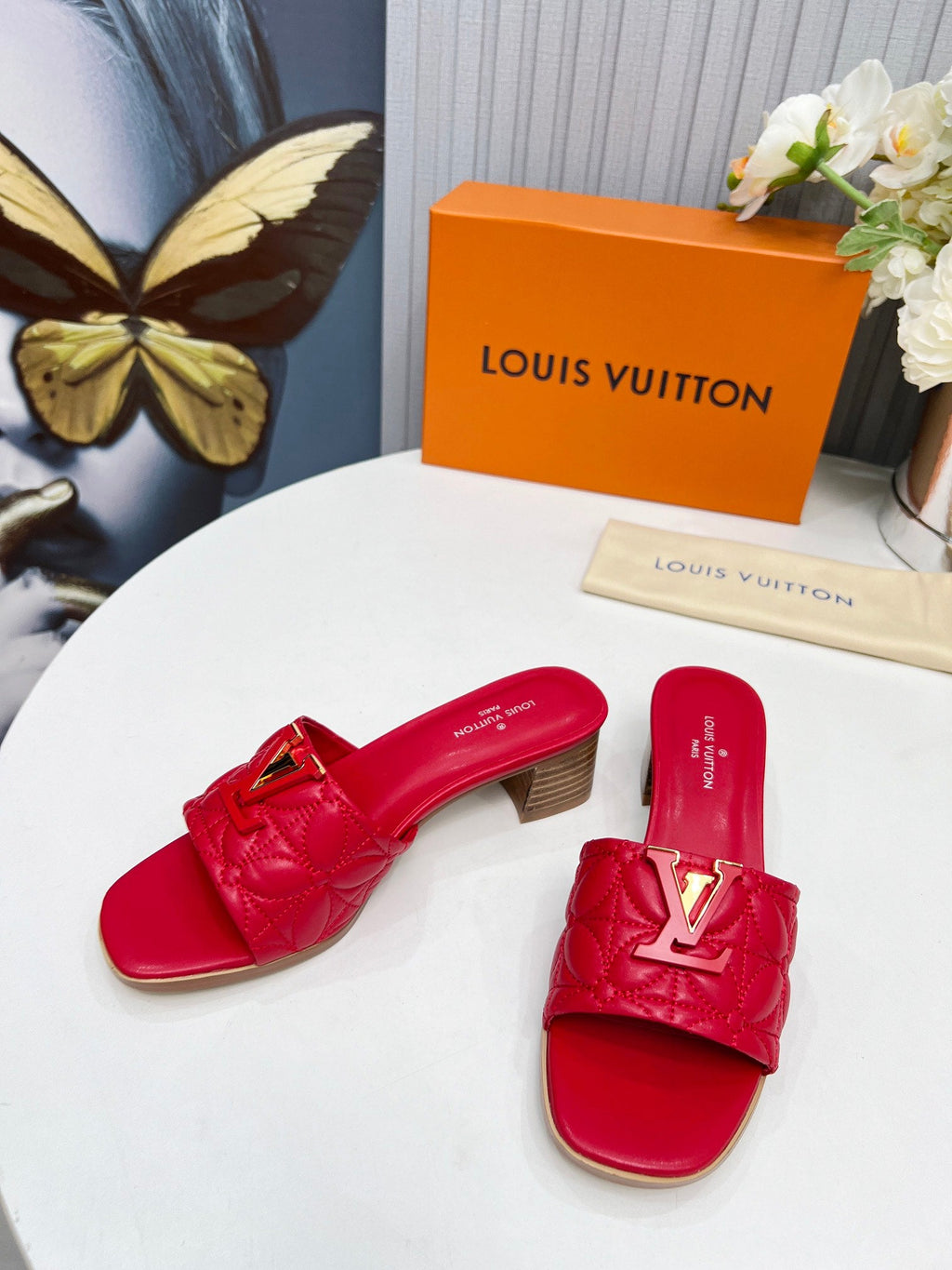 LV 26S MARE HIGH-HEELED MULE SANDALS IN RED CALFSKIN