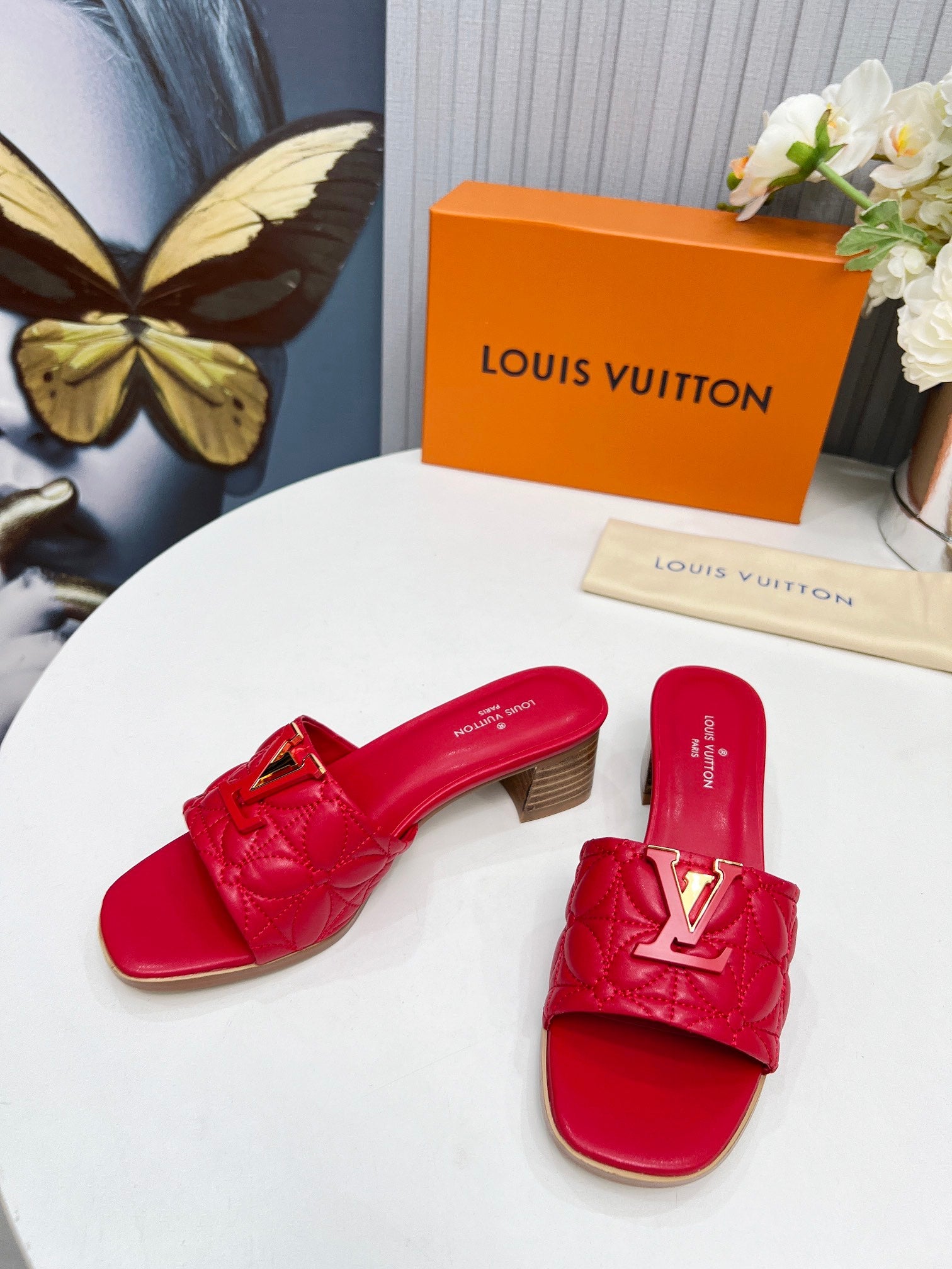 LV 26S MARE HIGH-HEELED MULE SANDALS IN RED CALFSKIN