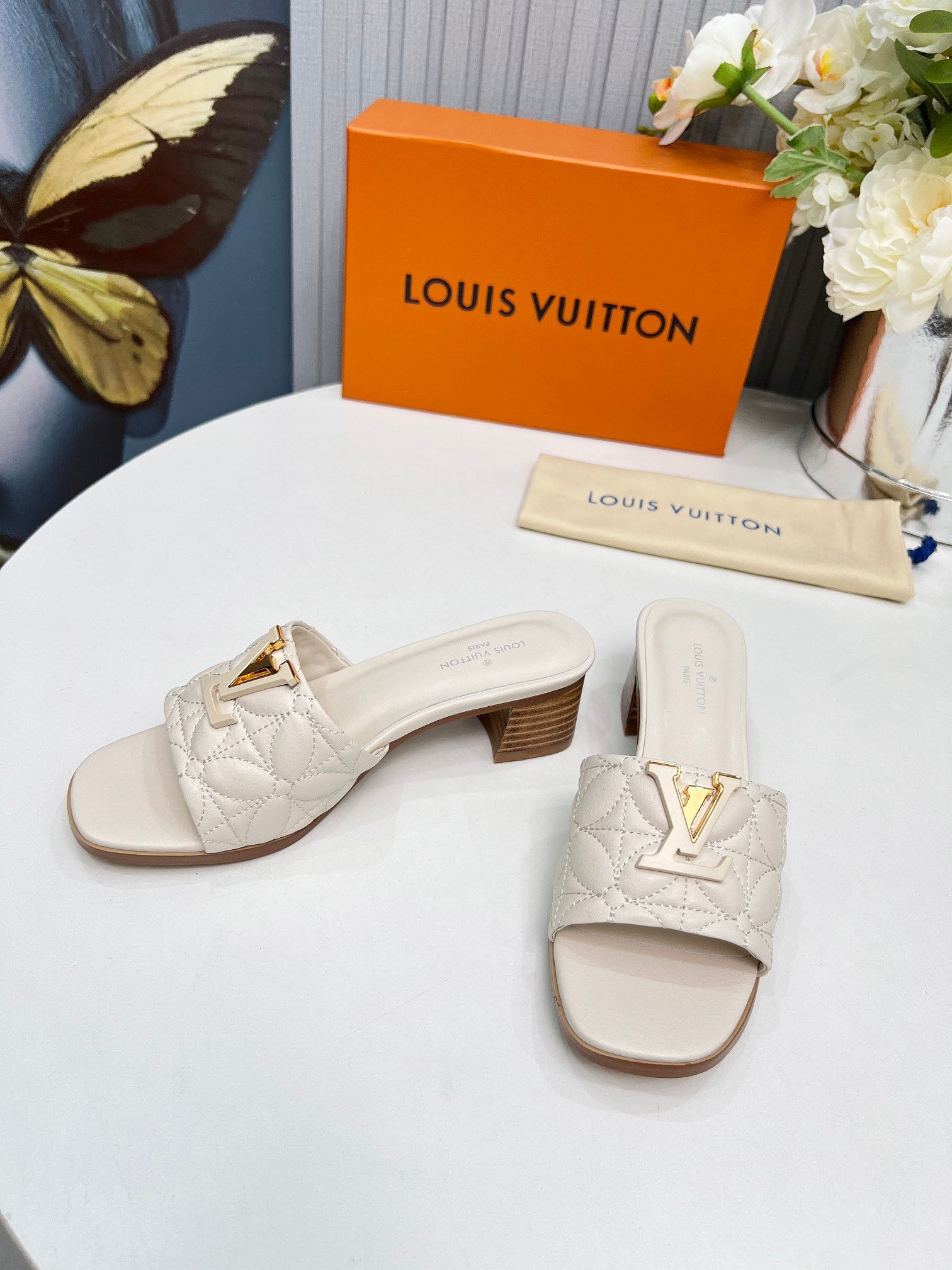 LV 26S MARE HIGH-HEELED MULE SANDALS IN IVORY BEIGE CALFSKIN