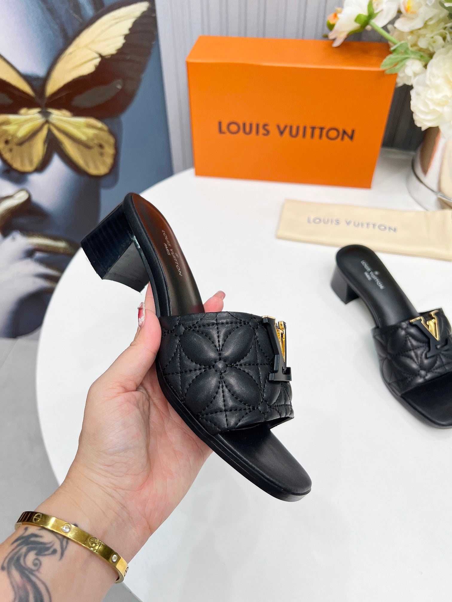 LV 26S MARE HIGH-HEELED MULE SANDALS IN BLACK CALFSKIN