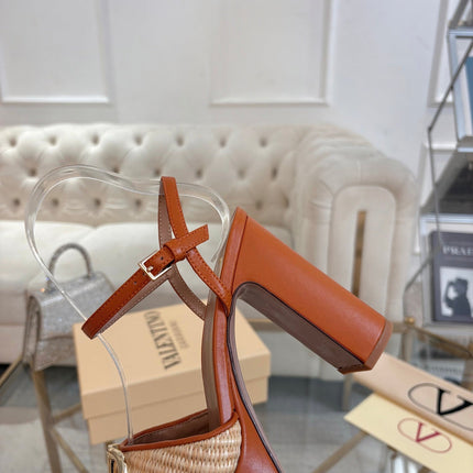 VALENTINO 26S PLATFORM SANDALS 110 MM IN BROWN CALFSKIN AND BEIGE RAFFIA