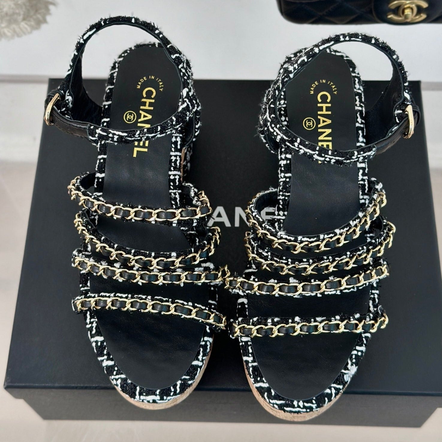 Double C Wooden Chain Platform Block Heel Sandals White Caro/ Black
