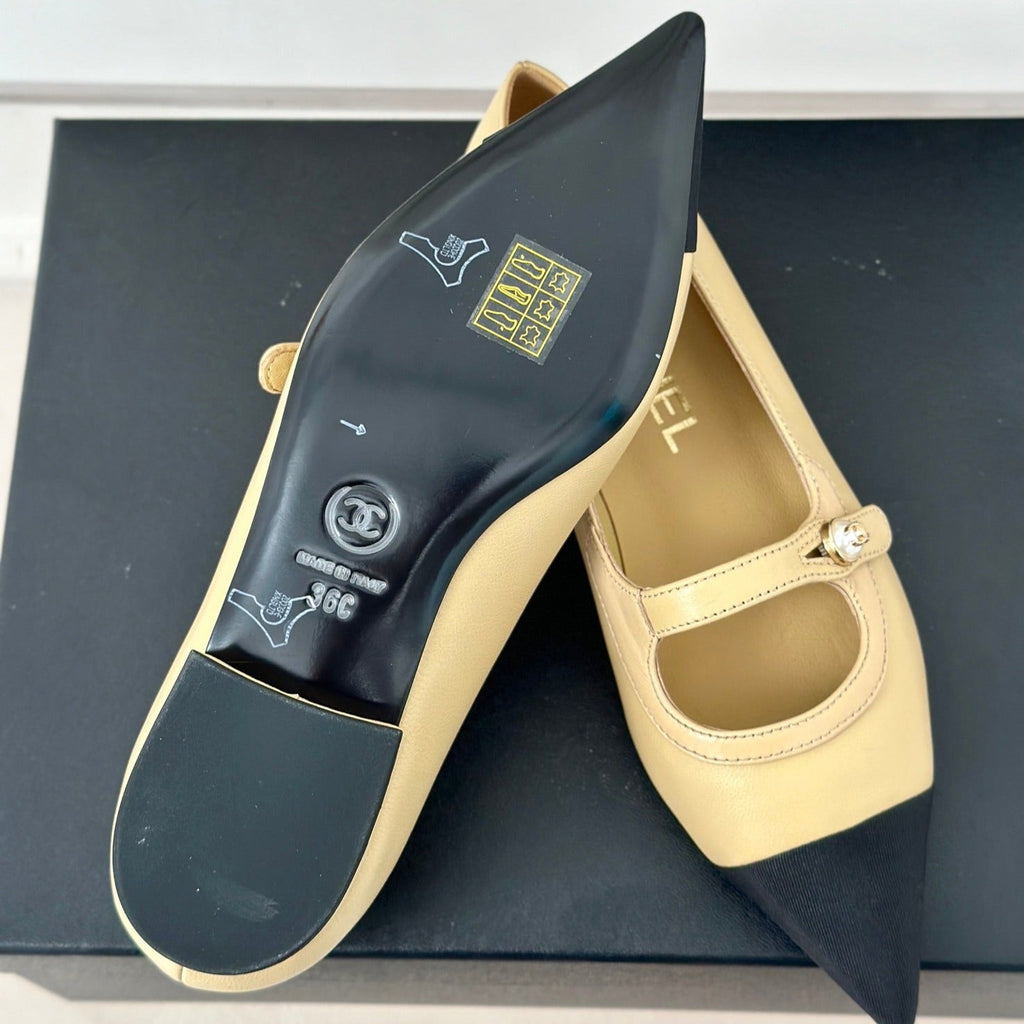 Double C Milan Runway Pointed Toe Mary Jane Shoes Dark Cream Black Lambskin