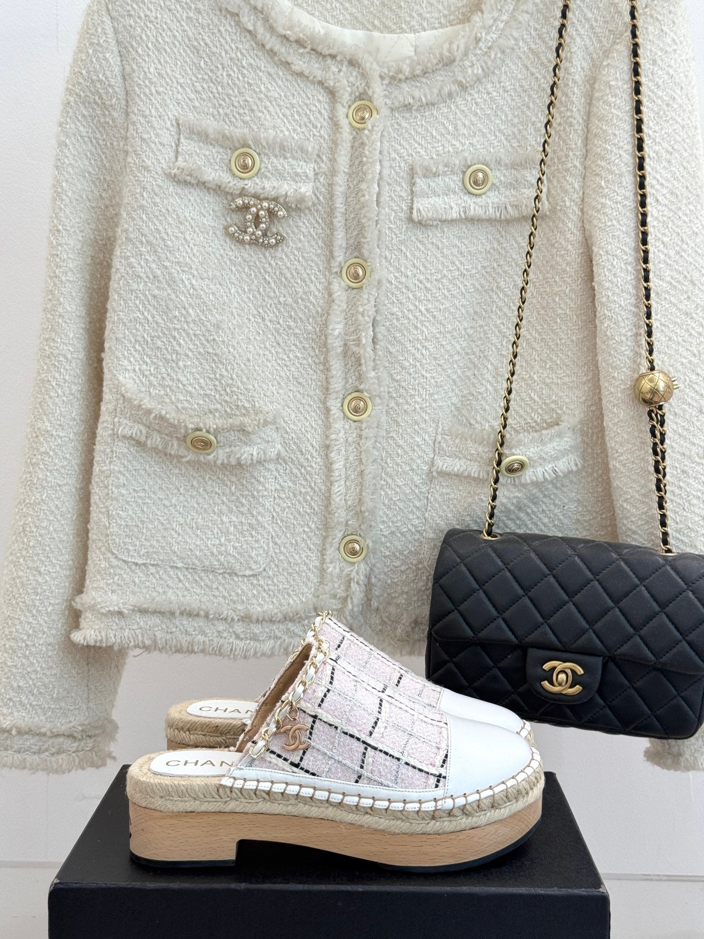 CC MULES 25SS 30 MM IN WHITE LAMBSKIN MIX PASTEL PINK TWEED
