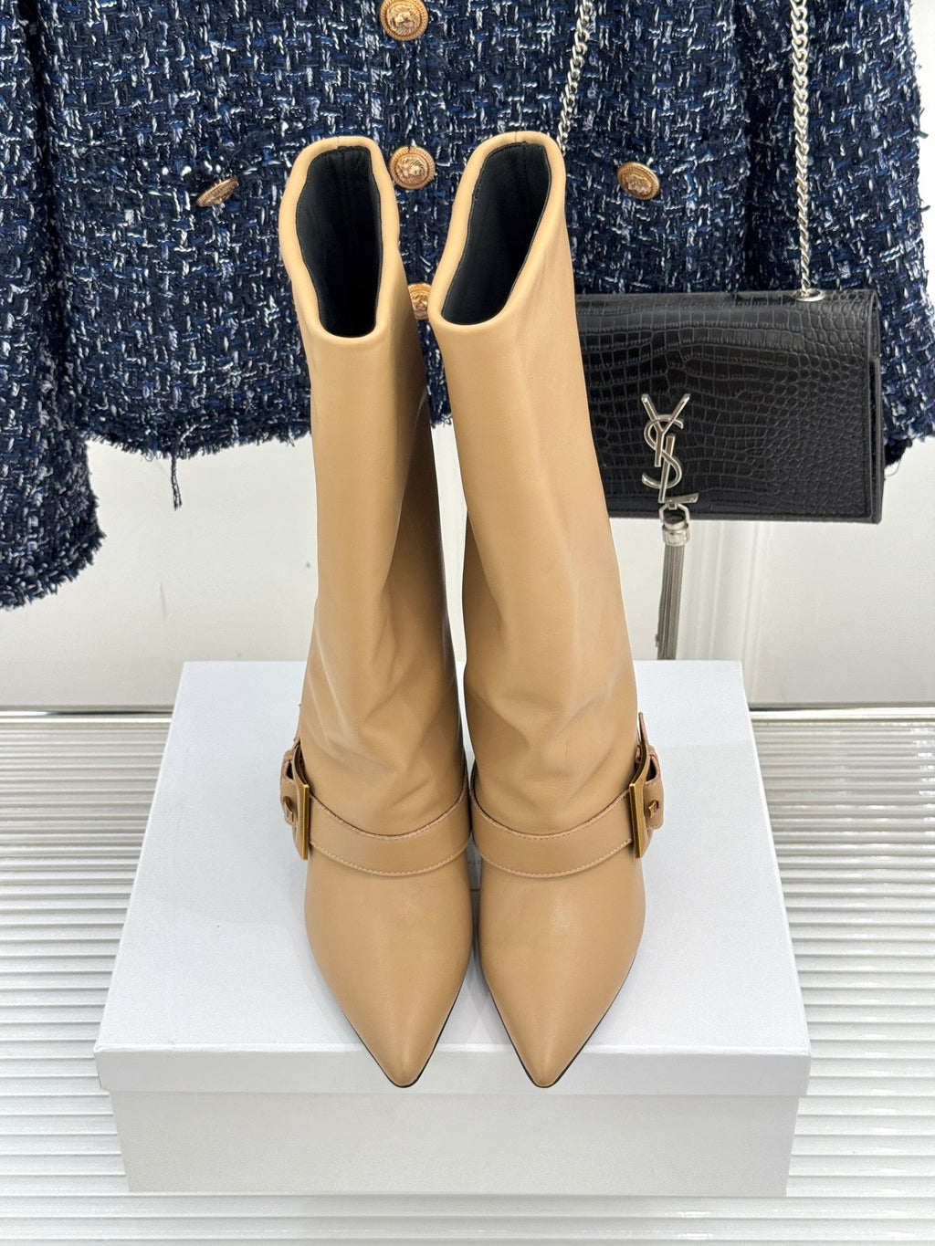 BALMAIN 25S ANTHEM BOOTS IN LIGHT CARAMEL CALFSKIN