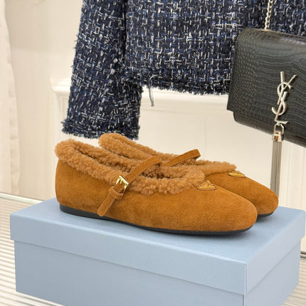 PRADA 25S MARY JANE FLATS IN BROWN SUEDE WITH GOLD HARDWARE