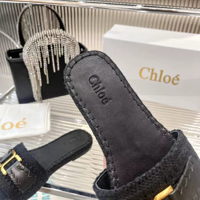 WOVEN SLIPPER IN BLACK WOOL AND LAMBSKIN GOLD HARDWARE