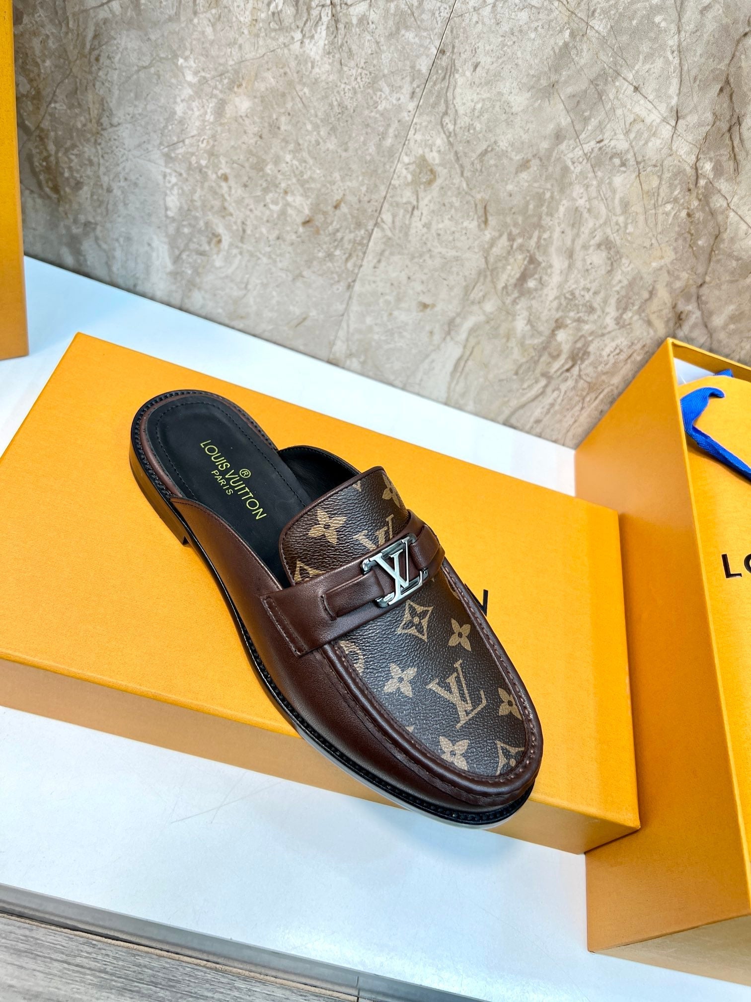 LV EASY MULE IN BROWN CHOCOLATE MONOGRAM CALFSKIN