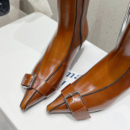 ALO 25S PALOMA WOOL HIGH BOOTS IN BROWN LAMBSKIN WITH METAL BUCKLE DETAIL AT THE TOE