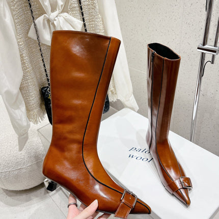ALO 25S PALOMA WOOL HIGH BOOTS IN BROWN LAMBSKIN WITH METAL BUCKLE DETAIL AT THE TOE