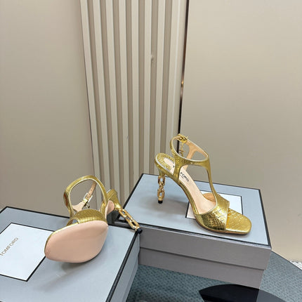 PADLOCK HIGH-HEELED SANDAL 10 CM IN LIGHT GOLD SNAKESKIN