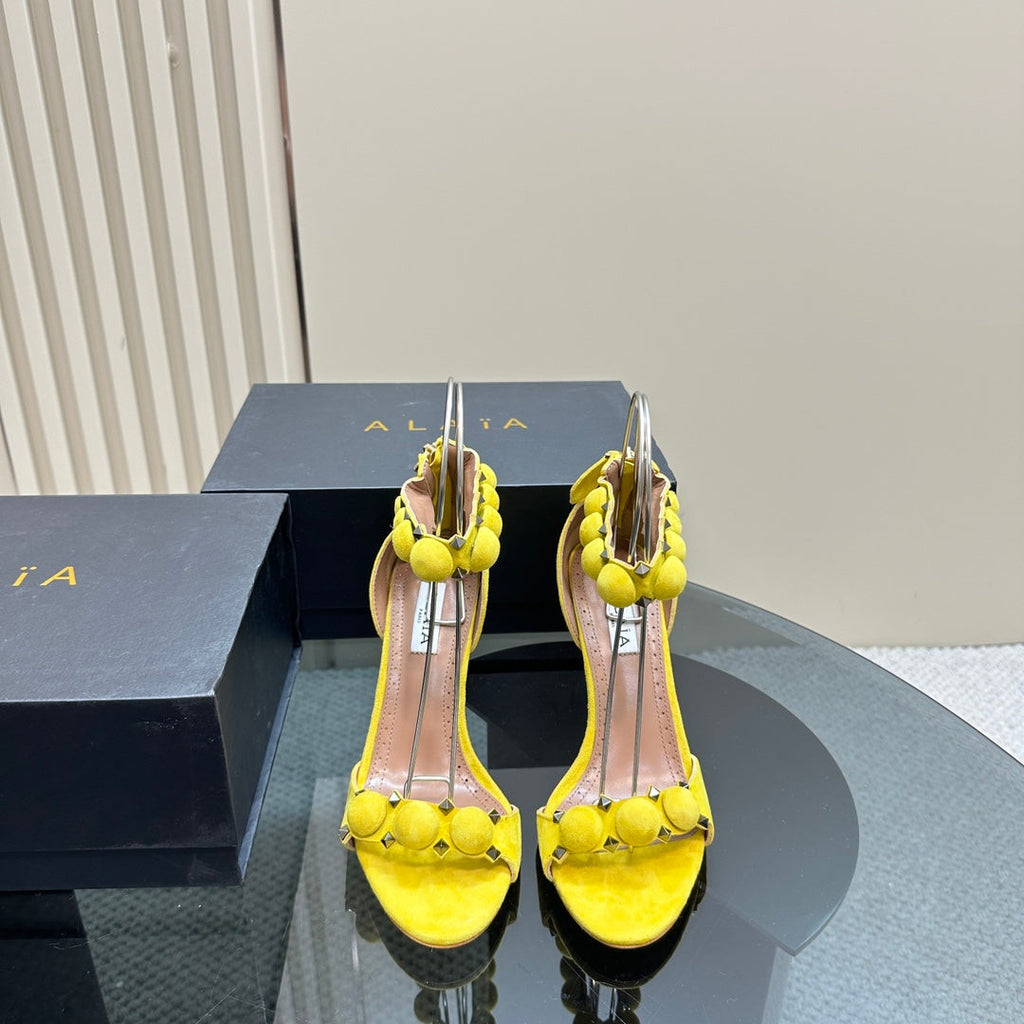 ALAIA HIGH HEEL SANDAL 10 CM IN BRIGHT YELLOW SUEDE