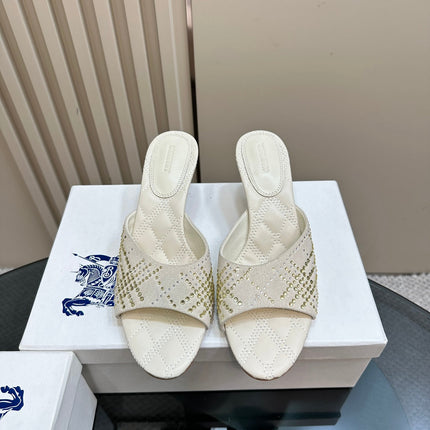 BURBERRY 26S HIGH-HEELED SANDALS 70 MM IN CREAM WHITE CALFSKIN AND SUEDE