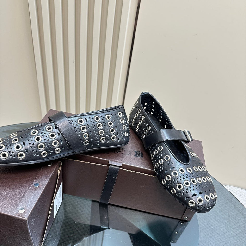 STRASS BALLET FLATS IN BLACK CALFSKIN