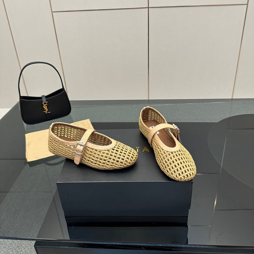 ALAIA MARY JANE FLAT 25S IN BEIGE WOVEN MESH