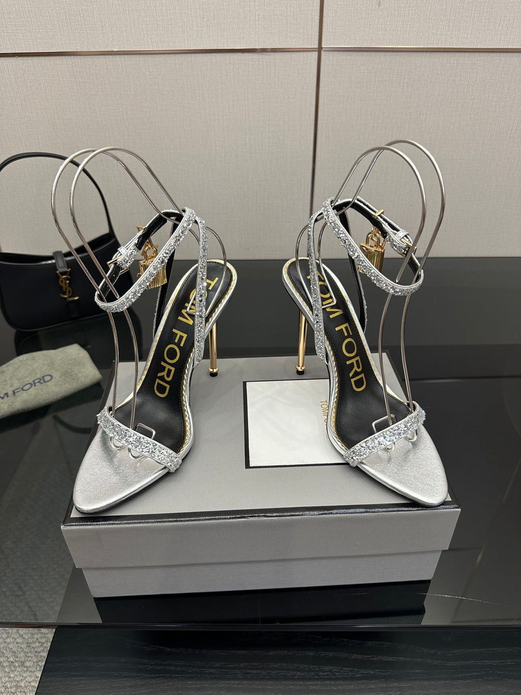 TOM FORD 26S HEELED SANDALS 100 MM IN SILVER CALFSKIN