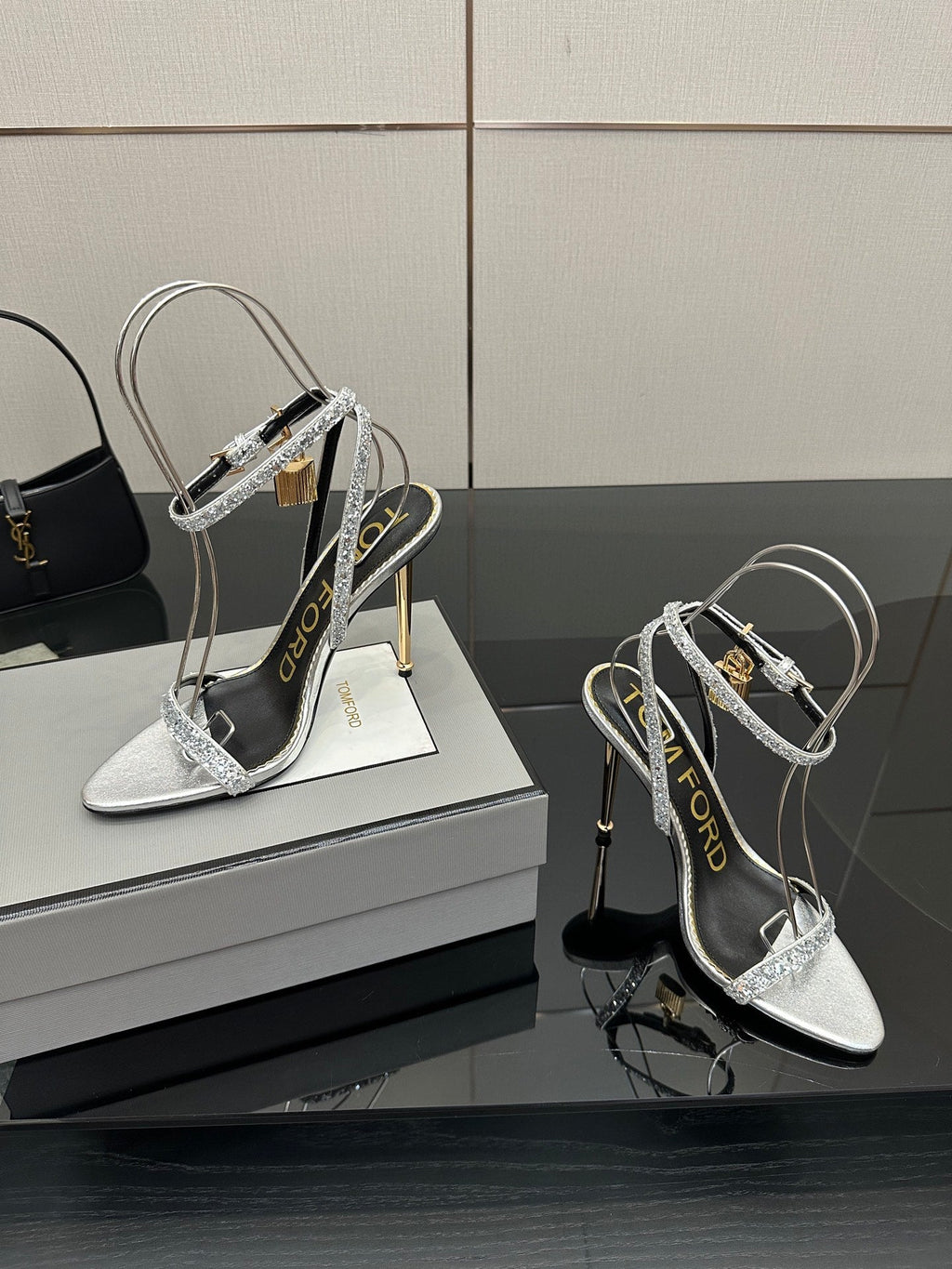TOM FORD 26S HEELED SANDALS 100 MM IN SILVER CALFSKIN