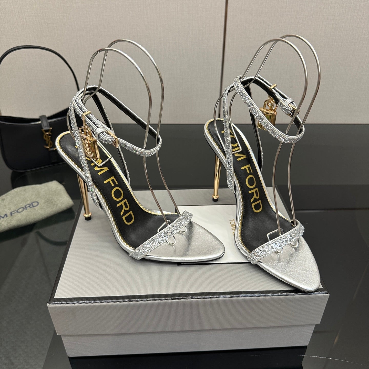 TOM FORD 26S HEELED SANDALS 100 MM IN SILVER CALFSKIN