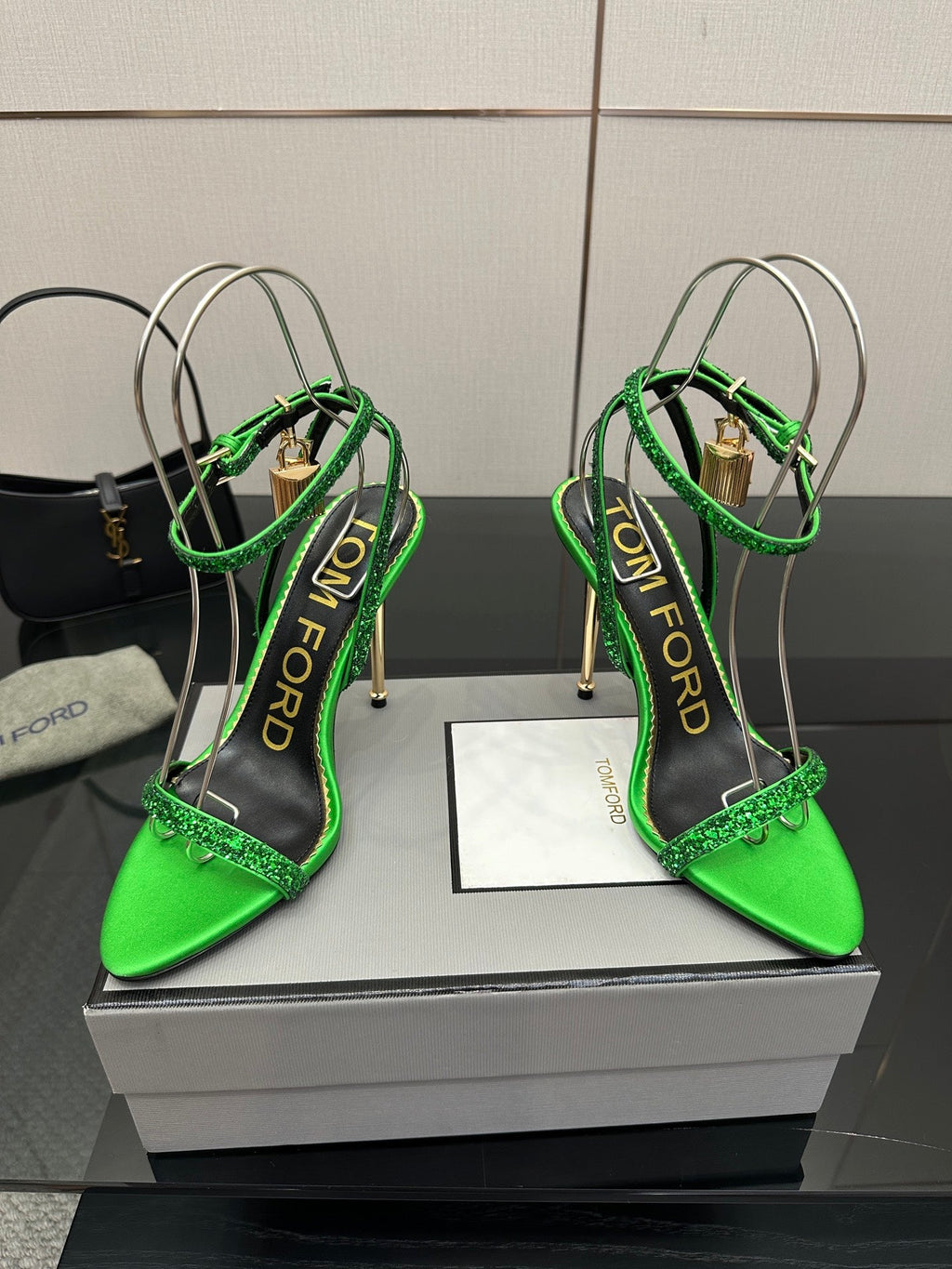 TOM FORD 26S HEELED SANDALS 100 MM IN GREEN CALFSKIN