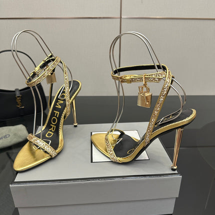 TOM FORD 26S HEELED SANDALS 100 MM IN METALLIC GOLD CALFSKIN
