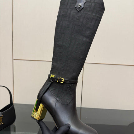 FENDI 25S KNEE-HIGH BOOTS 50 MM IN BLACK CALFSKIN AND FABRIC PRINT LOGO