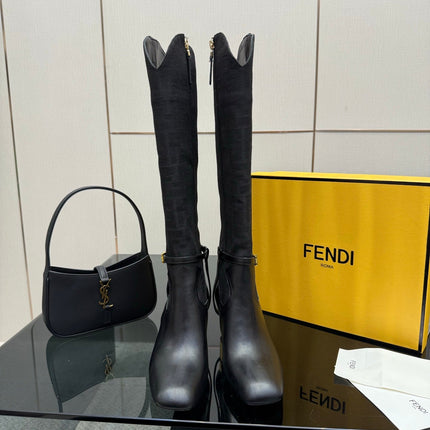 FENDI 25S KNEE-HIGH BOOTS 50 MM IN BLACK CALFSKIN AND FABRIC PRINT LOGO