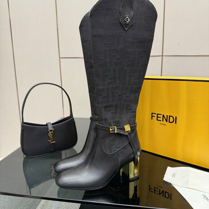FENDI 25S KNEE-HIGH BOOTS 50 MM IN BLACK CALFSKIN AND FABRIC PRINT LOGO