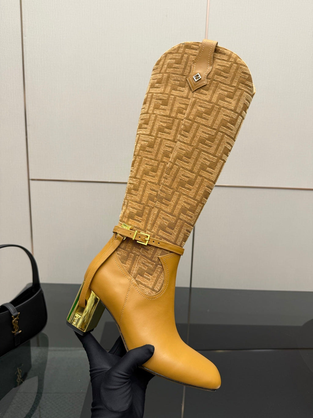 FENDI 25S KNEE-HIGH BOOTS 50 MM IN GOLDEN BROWN CALFSKIN AND FABRIC PRINT LOGO