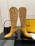 FENDI 25S KNEE-HIGH BOOTS 50 MM IN GOLDEN BROWN CALFSKIN AND FABRIC PRINT LOGO