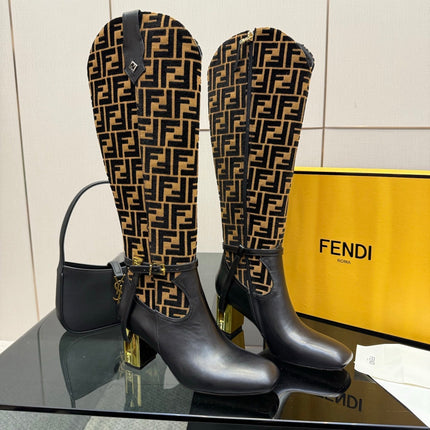 FENDI 25S KNEE-HIGH BOOTS 50 MM IN BLACK CALFSKIN AND BROWN FABRIC PRINT LOGO