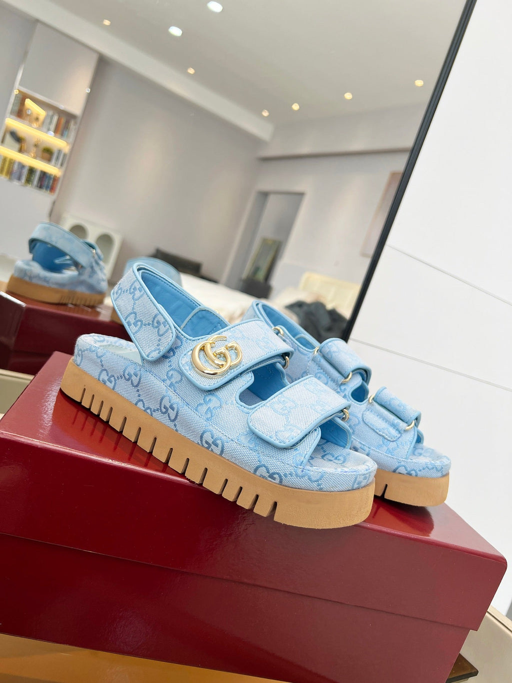 VELCRO STRAP SANDALS IN SKY BLUE MONOGRAM CANVAS GOLD HARDWARE