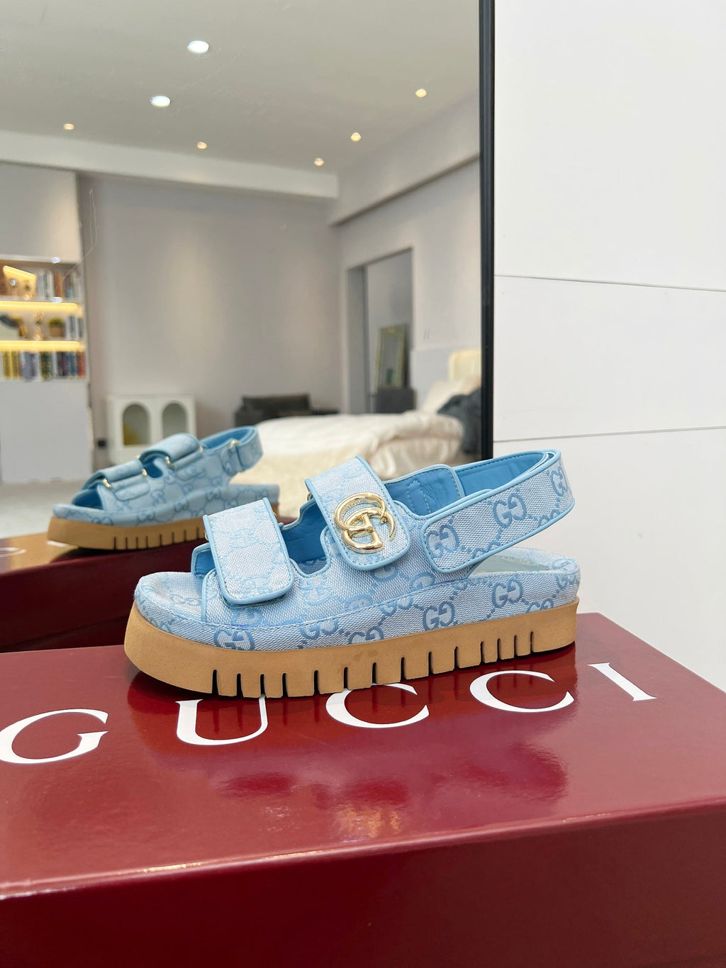 VELCRO STRAP SANDALS IN SKY BLUE MONOGRAM CANVAS GOLD HARDWARE