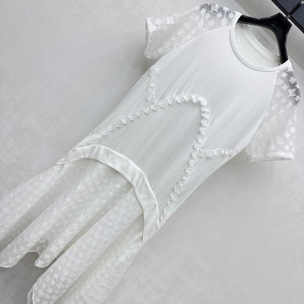 LV WHITE COTTON SHORT-SLEEVE DRESS 263735