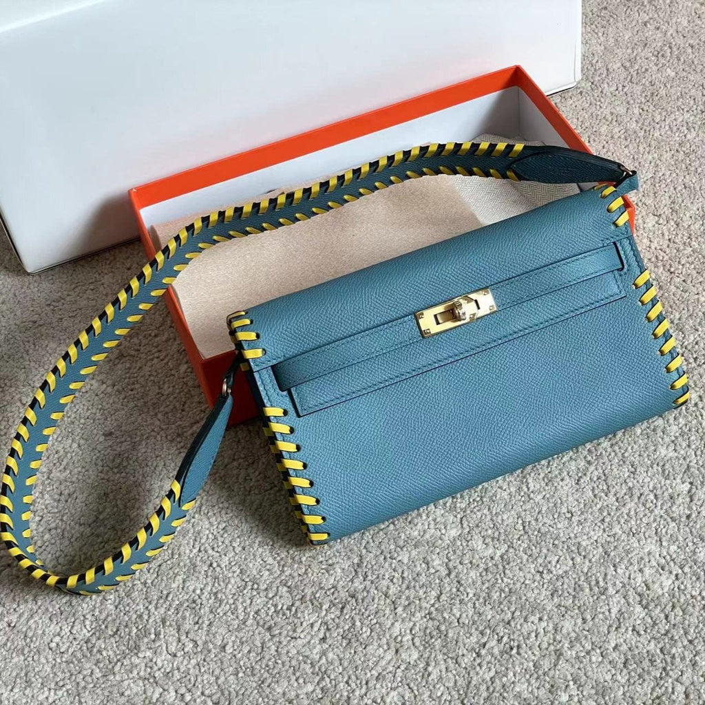 KELLY CLASSIQUE TO GO WALLET 20 IN CERULEAN BLUE CALFSKIN WITH GOLD HARDWARE