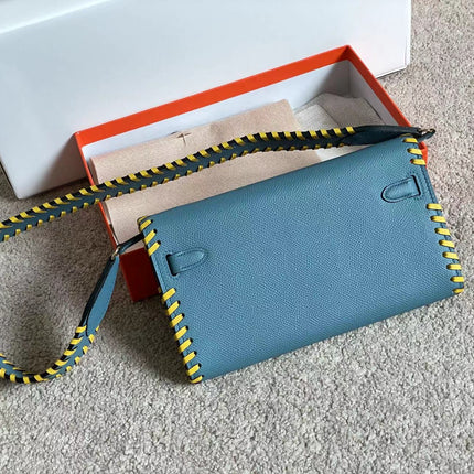 KELLY CLASSIQUE TO GO WALLET 20 IN CERULEAN BLUE CALFSKIN WITH GOLD HARDWARE