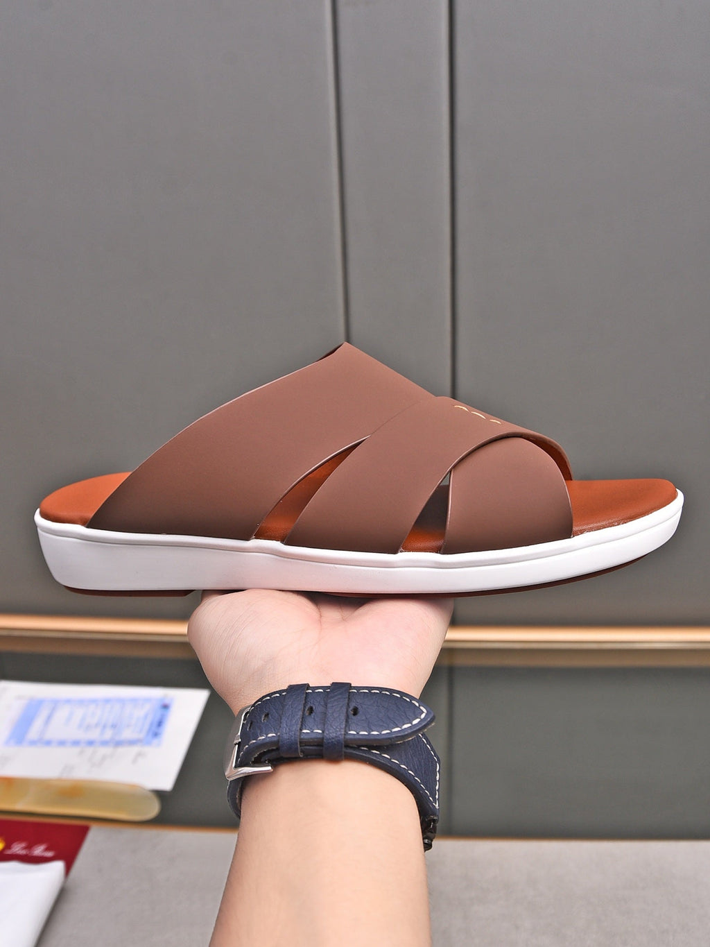LP INTERWOVEN STRAPS SLIPPERS CHOCOLATE CALFSKIN
