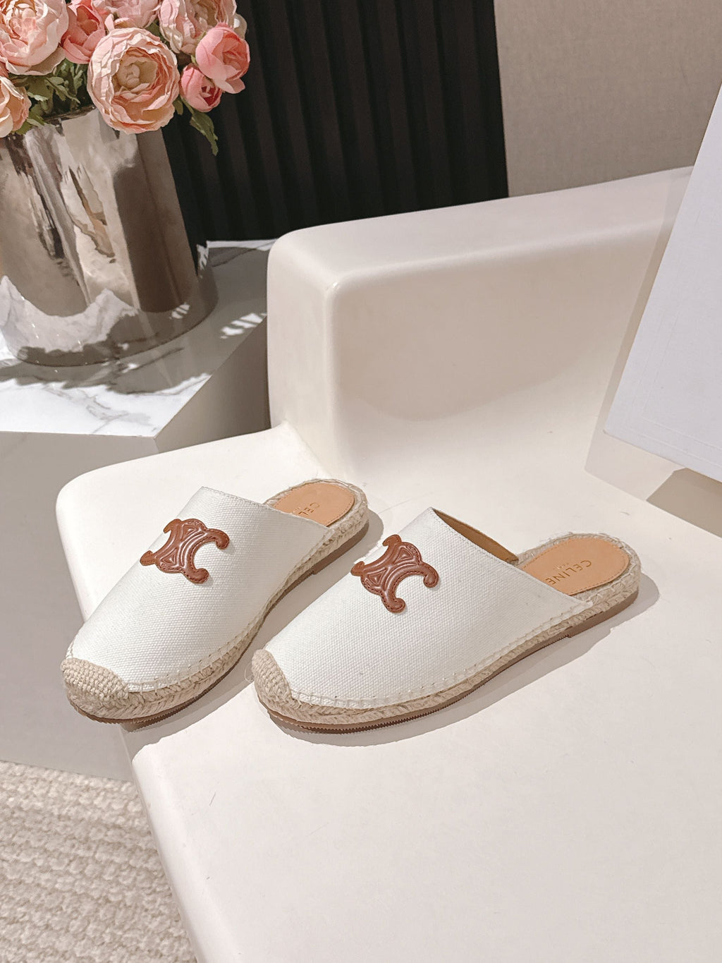 CELINE 25S LES ESPADRILLES MULE IN WHITE CANVAS