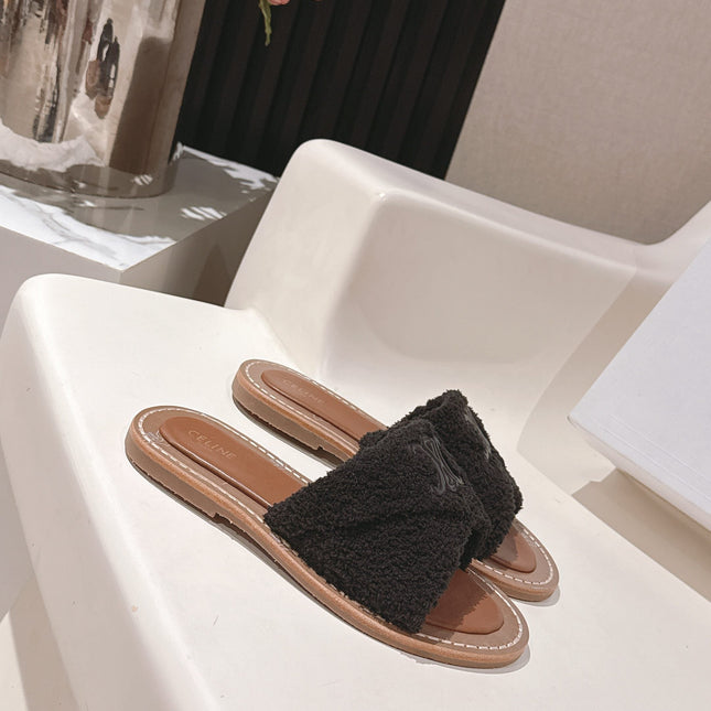 CELINE 25S LYMPIA TWISTED SANDAL IN BLACK SPONGE FABRIC