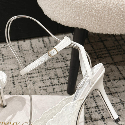 JIMMY CHOO 26S SLINGBACK HEELS 95 MM IN WHITE LACE