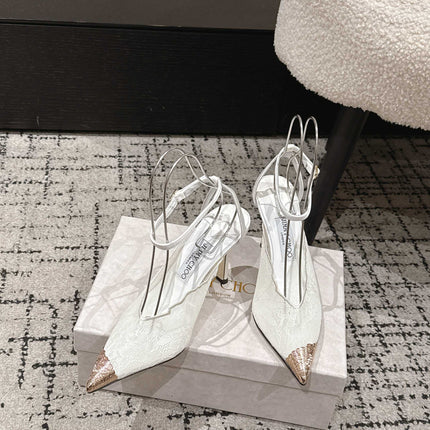 JIMMY CHOO 26S SLINGBACK HEELS 95 MM IN WHITE LACE