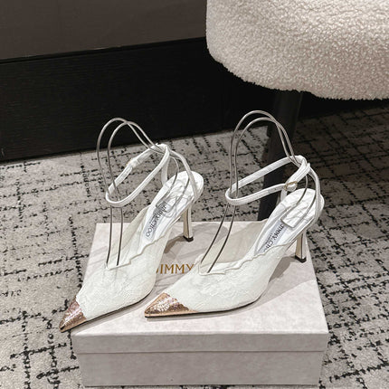 JIMMY CHOO 26S SLINGBACK HEELS 95 MM IN WHITE LACE