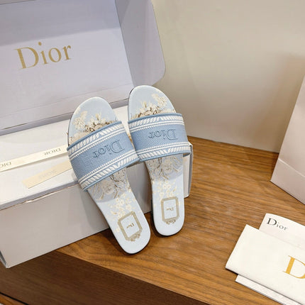 DIOR 26S FLAT SLIDE SANDALS IN LIGHT BLUE CANVAS