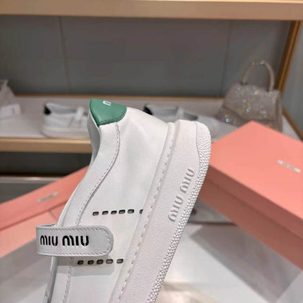 MIUMIU 26S MARY JANE BALLERINAS IN WHITE AND GREEN CALFSKIN