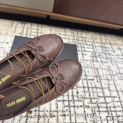 MIUMIU 26S LACE UP BOW LOAFERS IN DARK BROWN CALFSKIN