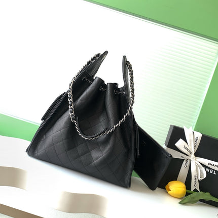 CHANEL 26S HOBO BAG 40 IN BLACK CAVIAR CALFSKIN DARK SILVER HARDWARE