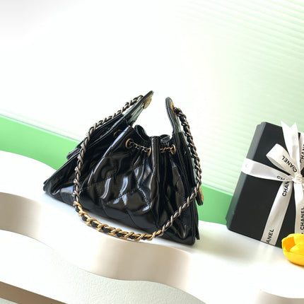CHANEL 25S HOBO BAG 22 IN BLACK GLOSSY CALFSKIN WITH GOLD HARDWARE