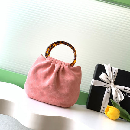 CHANEL 26S HAND BAG MEDIUM 24 IN PINK SUEDE GOLD HARDWARE