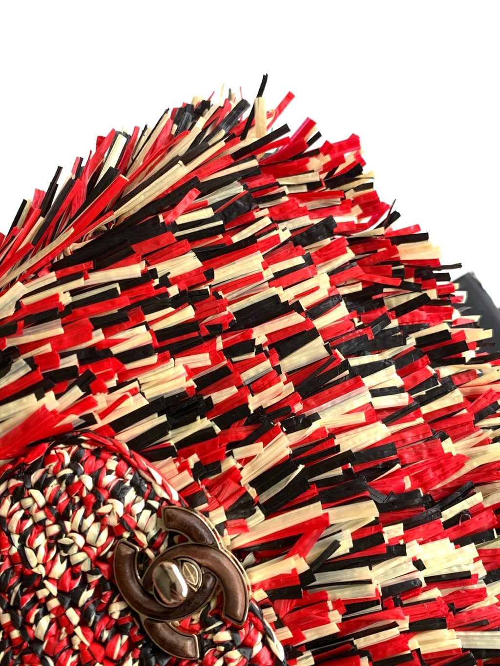 CHANEL 26S SMALL FRINGE KELLY 19 IN RED MULTICOLOR RAFFIA WOOD
